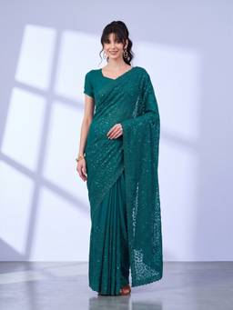 Sareemall - Women's Tissue Teal green Embroidered Saree