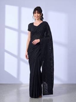 Sareemall - Women's Tissue Black Embroidered Saree