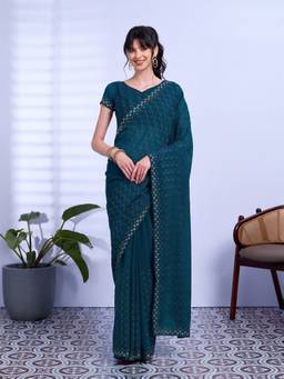 Sareemall - Women's Tissue Teal Embroidered Saree