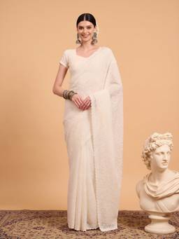 Akhilam - Women'S Tissue Off White Embroidered Saree
