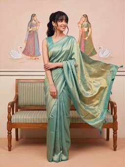 Sareemall - Women's Vichitra Silk Teal green Solid Saree