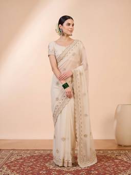 Akhilam - Women'S Georgette Off White Zari Embroidered Saree
