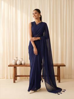 Sareemall - Women's Georgette Navy Blue Solid Saree