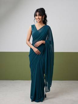 Akhilam - Women'S Georgette Teal Green Solid Saree