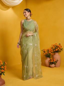 Sareemall - Women's Pure Georgette Mint Green Zari Embroidered Saree