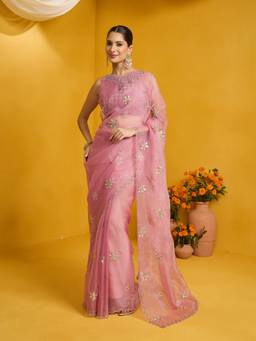 Sareemall - Women's Pure Georgette Pink Zari Embroidered Saree