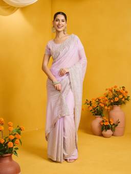 Sareemall - Women's Pure Georgette Lavender Zari Embroidered Saree