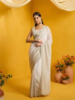 Sareemall - Women's Pure Georgette Off White Embroidered Saree