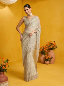 Sareemall - Women's Satin Silk Light Green Zari Embroidered Saree