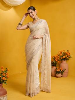 Sareemall - Women's Satin Silk Cream Zari Embroidered Saree