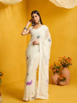 Sareemall - Women's Georgette Off White Embroidered Saree