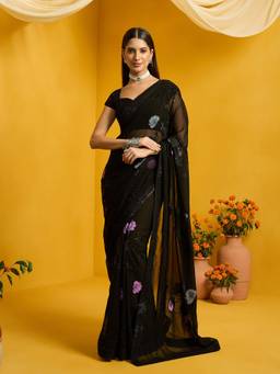 Sareemall - Women's Georgette Black Embroidered Saree