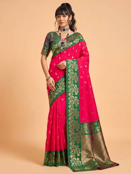 Sareemall - Women's Cotton Blend Pink Woven Design Saree