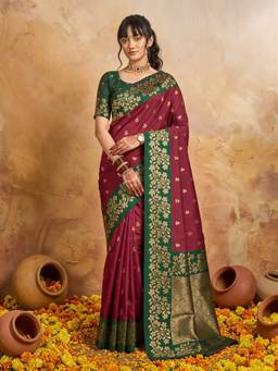 Sareemall - Women's Cotton Blend Maroon Woven Design Saree