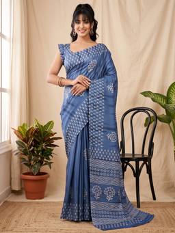 Akhilam - Women'S Cotton Blend Light Blue Printed Saree