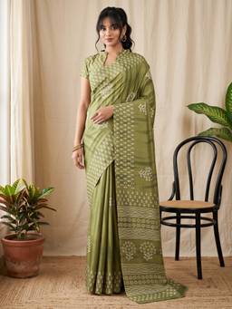 Akhilam - Olive Cotton Blend Printed Saree