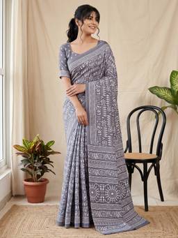 Akhilam - Grey Silk Printed Saree