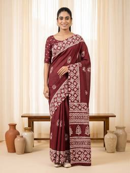 Sareemall - Women's Cotton Blend Maroon Printed Saree