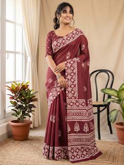 Akhilam - Maroon Cotton Blend Printed Saree