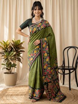 Akhilam - Green Cotton Blend Printed Saree