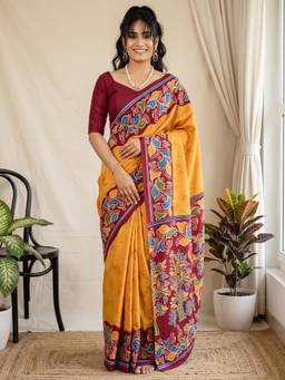 Akhilam - Women'S Cotton Blend Yellow Printed Saree