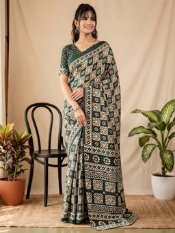 Akhilam - Women'S Cotton Blend Green Printed Saree