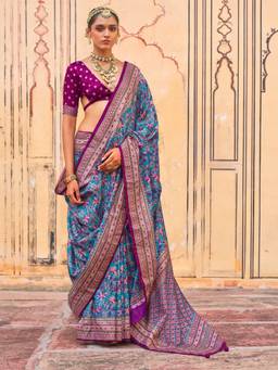 Akhilam - Women'S Silk Blend Teal Blue Printed Festive Saree