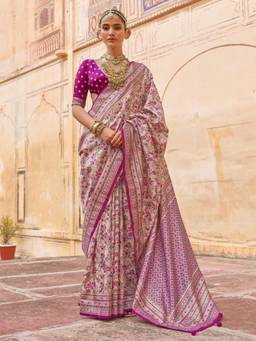 Akhilam - Women'S Silk Blend Beige Printed Festive Saree