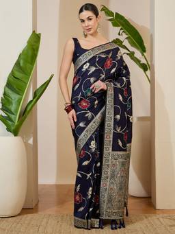 Akhilam - Women'S Dola Silk Navy Blue Woven Design Saree