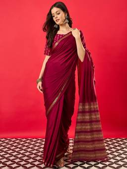 Akhilam - Women'S Mysore Silk Burgundy Woven Design Festive Saree