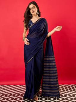 Akhilam - Women'S Mysore Silk Navy Blue Woven Design Festive Saree