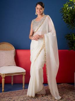 Sareemall - Women's Pure Chiffon White Embellished Saree