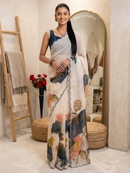 Akhilam - Cream Chiffon Printed Saree