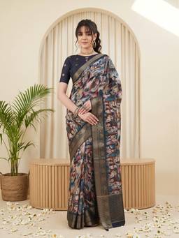 Akhilam - Women'S Viscose Silk Navy Blue Woven Saree