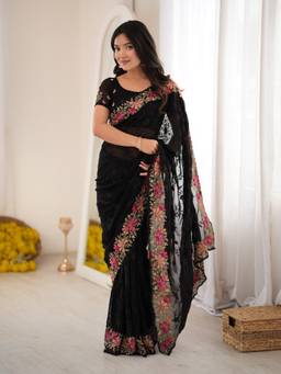 Akhilam - Women'S Georgette Black Embroidered Saree