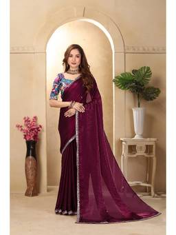 Miss Ethnik - Wine Handy Silk Solid Saree
