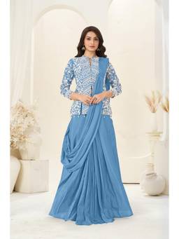 Miss Ethnik - Women Blue Chinon Solid Saree