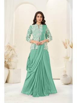 Miss Ethnik - Women Green Chinon Solid Saree