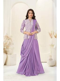 Miss Ethnik - Women Lavender Chinon Solid Saree