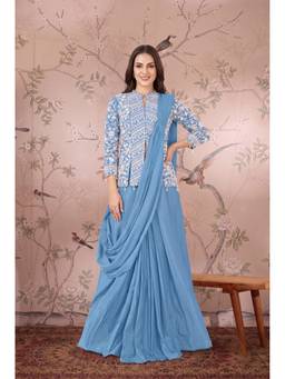 Miss Ethnik - Blue Chinon Solid Saree