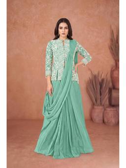 Miss Ethnik - Green Chinon Solid Saree