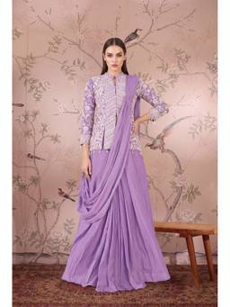 Miss Ethnik - Lavender Chinon Solid Saree