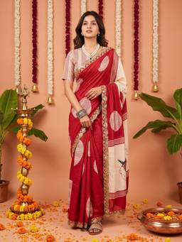 Sareemall - Women's Cotton Red Embellished Saree