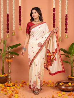 Sareemall - Women's Cotton Off White Embellished Saree