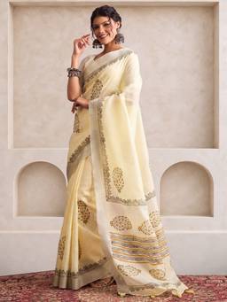 Akhilam - Off White Linen Woven Saree