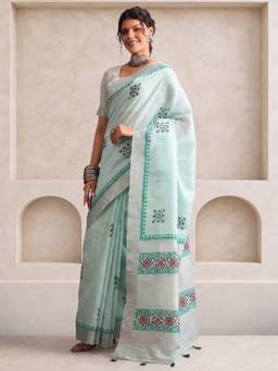 Akhilam - Mint Green Linen Woven Saree