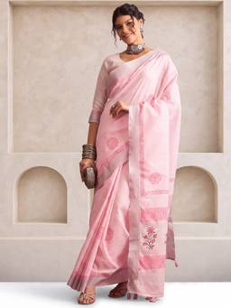 Akhilam - Pink Linen Woven Saree
