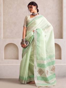 Akhilam - Green Linen Woven Saree