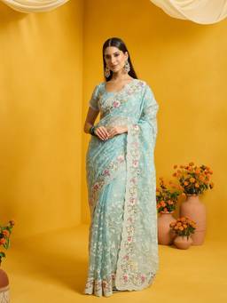 Sareemall - Women's Organza Light Blue Embroidered Saree