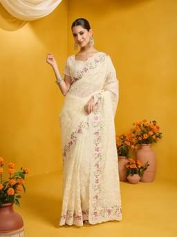 Sareemall - Women's Organza Cream Embroidered Saree